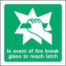 In Event of Fire, Break Glass To Reach Latch Sign | Elevate Signs