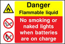 Danger Sign: Flammable Liquid, Batteries on Charge | Elevate Signs