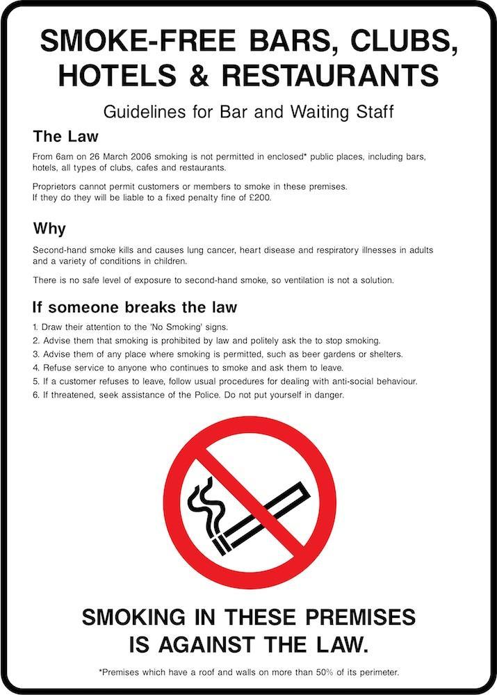 Smoke-Free Bars, Clubs, Hotels & Restaurants (Staff Guidelines) Sign | Elevate Signs